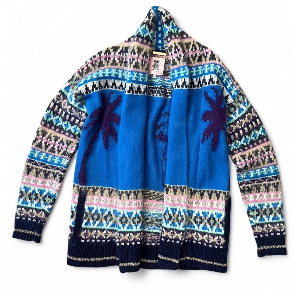 Y2K Juicy Couture Apres Ski Sweater Cardigan Blue Palm Trees Angora Mohair Wool